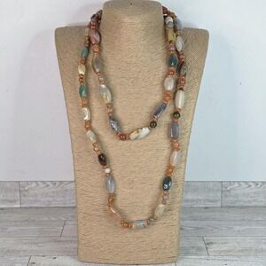 Beggars Bead Stone Strand Necklace 26.5" Estate VTG Green Honey Agate Carnelian